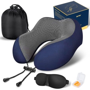 MLVOC Travel Pillow, 100% Pure Memory Foam Neck Pillow, Comfortable & Breathable Cover, Machine Washable, Airplane Travel Kit with 3D Contoured Eye Mask, Earplugs, and Luxury Bag (Black)