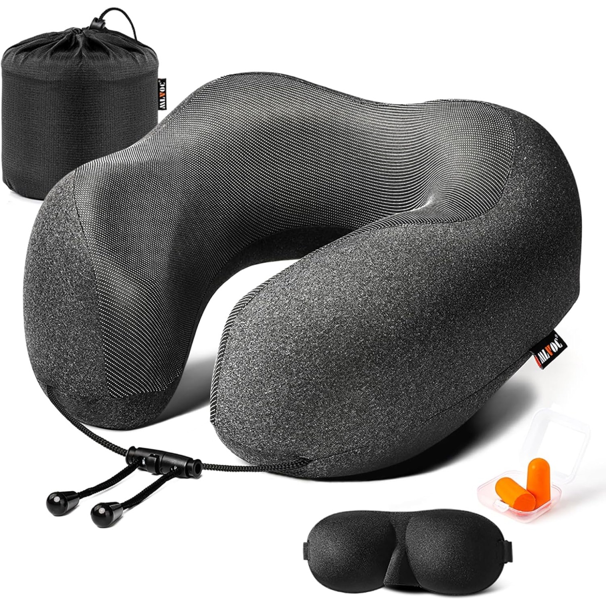 MLVOC Travel Pillow, 100% Pure Memory Foam Neck Pillow for Airplane Traveling, Comfortable & Breathable, Machine Washable, Upgraded Travel Kit with 3D Eye Mask, Earplugs, and Luxury Bag (Grey)